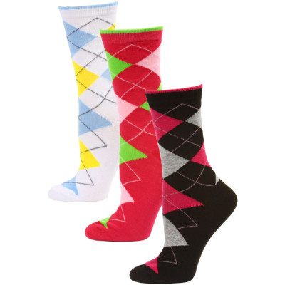 Yelete Women's Bright Argyle Crew Socks - 3 Pairs - Black/Pink/White