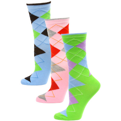 Yelete Women's Bright Argyle Crew Socks - 3 Pairs - Green/Grey/Blue