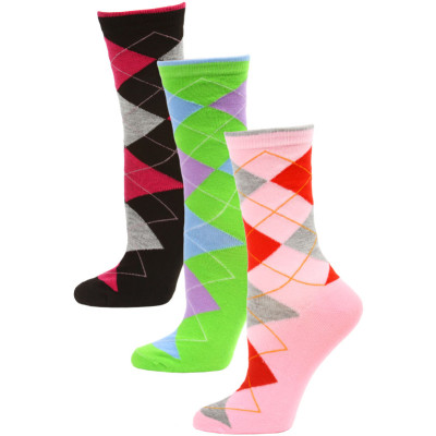Yelete Women's Bright Argyle Crew Socks - 3 Pairs - Pink/Green/Black