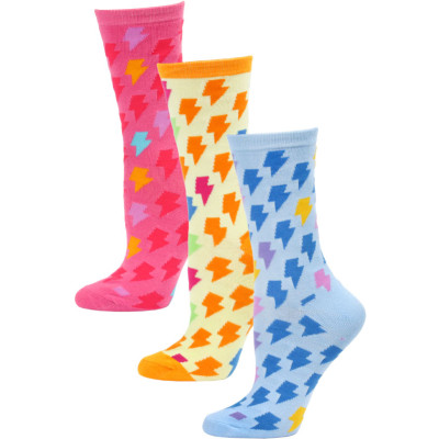 Yelete Women's Lightning Bolt Crew Socks - 3 Pairs - Blue/Orange/Pink Multi