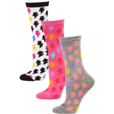 Yelete Women's Lightning Bolt Crew Socks - 3 Pairs - Grey/Pink/Black Multi