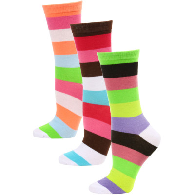 Yelete Women's Bright Stripe Crew Socks - 3 Pairs - Green/Coral Pink/Brown Multi