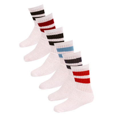 Excell Little Kid's Stripe Tube Socks - 6 Pairs - Black, Light Blue, Dark Red, Navy, Black, Bright Red