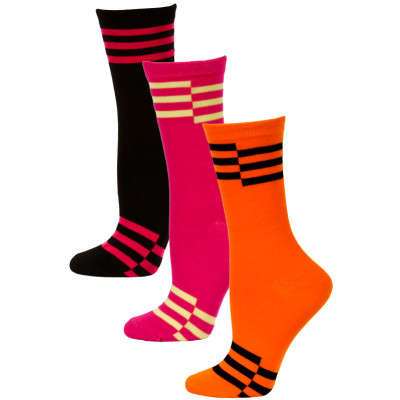 Yelete Neon Retro Stripe Crew Socks - 3 Pairs - Orange, Hot Pink, Black