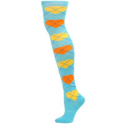Yelete Argyle Hearts Over the Knee Socks - 1 Pair - Blue/Yellow/Orange