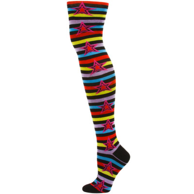 Yelete Stripes and Stars Over the Knee Socks - 1 Pair - Black/Purple/Red Multi
