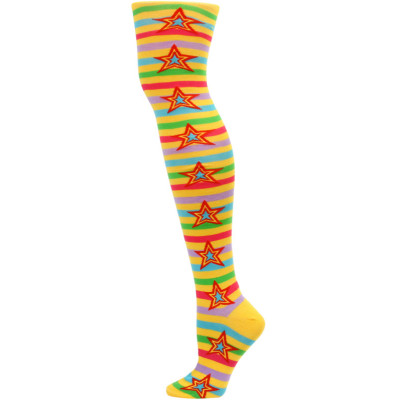 Yelete Stripes and Stars Over the Knee Socks - 1 Pair - Yellow/Pink Multi