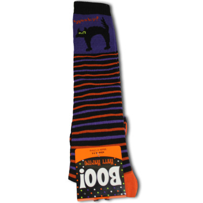Happy Halloween Women's Knee Socks - 1 Pair - Orange - Black Cat Striped