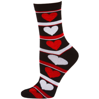 Love Struck Women's Valentine's Day Crew Socks - 1 Pair - Black/Red/White Hearts & Stripes