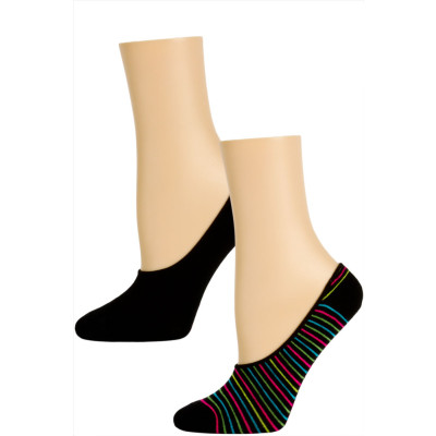 Steve Madden Funky Pattern and Solid Footie Liner Socks - 2 Pairs - Black Stripe and Black