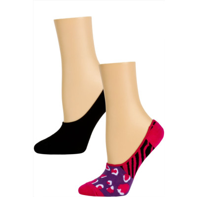 Steve Madden Funky Pattern and Solid Footie Liner Socks - 2 Pairs - Pink/Purple Animal Print and Black