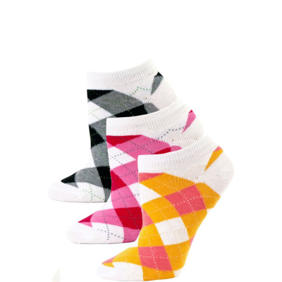 Fine Fit Women's Argyle Low Cut Socks - 3 Pairs - Orange/Pink/Black Argyle