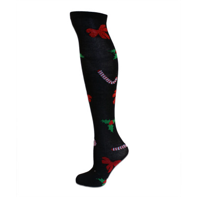 Merry Christmas Women's Knee Socks - 1 Pair - Black with Candy Canes & Mistletoe