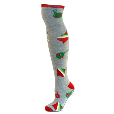 Merry Christmas Women's Knee Socks - 1 Pair - Gray with Ornaments