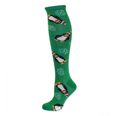 Merry Christmas Women's Knee Socks - 1 Pair - Green with Penguins