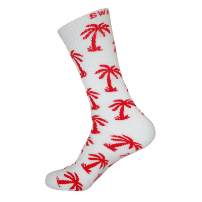 Unisex Crew Swag Palm Tree Socks White with Red - 2 pairs