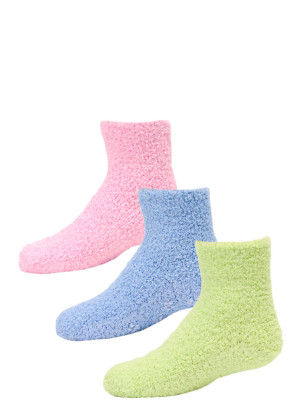 Kid's Cozy Slipper Crew Socks - 3 Pairs - Lime Green, Blue, Pink