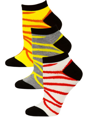 Jaze Women's Zebra Stripe Low Cut Socks - 3 Pairs - Red/Grey/Yellow