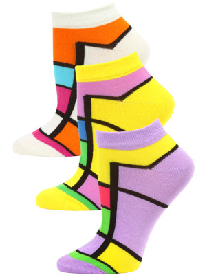 Jaze Women's Bright Geometric Low Cut Socks - 3 Pairs - Purple/Yellow/White