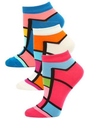 Jaze Women's Bright Geometric Low Cut Socks - 3 Pairs - Pink/White/Blue