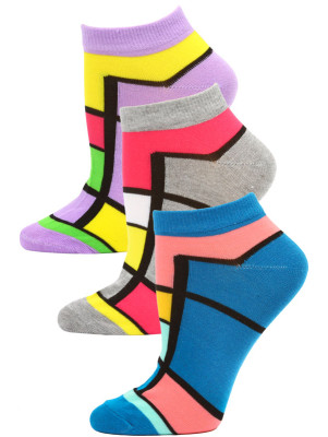 Jaze Women's Bright Geometric Low Cut Socks - 3 Pairs - Purple/Gray/Blue