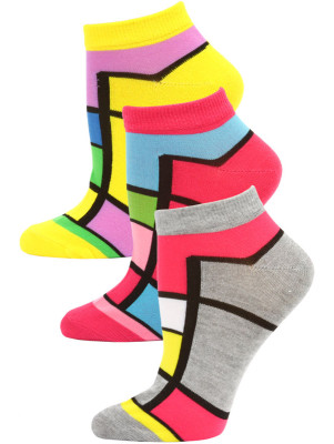 Jaze Women's Bright Geometric Low Cut Socks - 3 Pairs - Yellow/Pink/Grey
