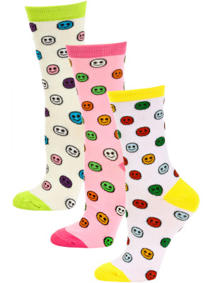 Yelete Smiles and Stripes Women's Crew Socks - 3 Pairs - Yellow / Pink / Green