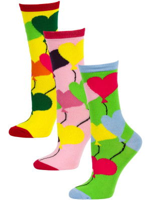 Yelete Women's Balloon Hearts Crew Socks - 3 Pairs - Green/Pink/Yellow Multi