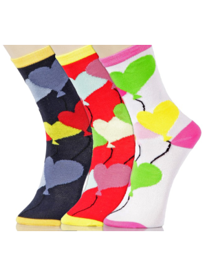 Yelete Women's Balloon Hearts Crew Socks - 3 Pairs - Navy Blue/Red/White Multi