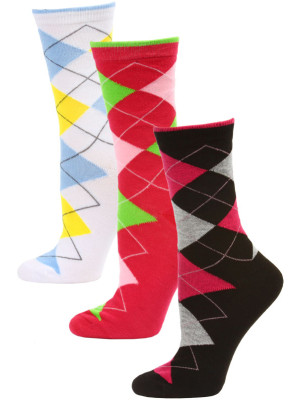 Yelete Women's Bright Argyle Crew Socks - 3 Pairs - Black/Pink/White