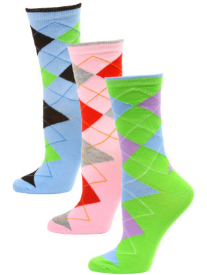Yelete Women's Bright Argyle Crew Socks - 3 Pairs - Green/Grey/Blue