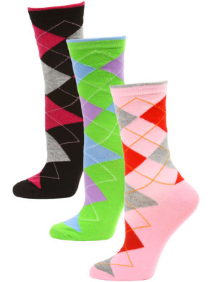 Yelete Women's Bright Argyle Crew Socks - 3 Pairs - Pink/Green/Black