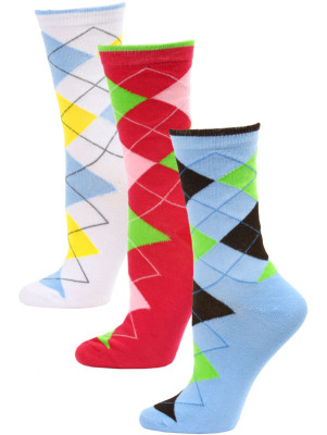 Yelete Women's Bright Argyle Crew Socks - 3 Pairs - White/Blue/Pink