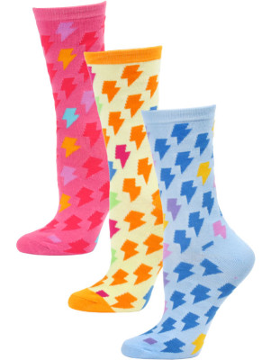Yelete Women's Lightning Bolt Crew Socks - 3 Pairs - Blue/Orange/Pink Multi