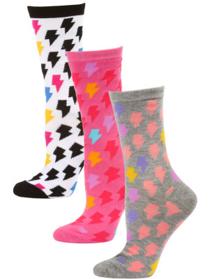 Yelete Women's Lightning Bolt Crew Socks - 3 Pairs - Grey/Pink/Black Multi