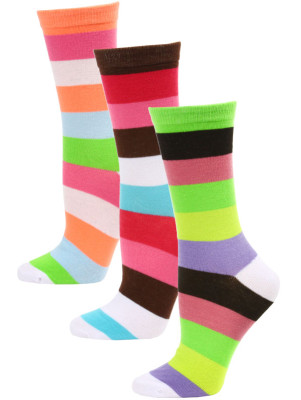 Yelete Women's Bright Stripe Crew Socks - 3 Pairs - Green/Coral Pink/Brown Multi