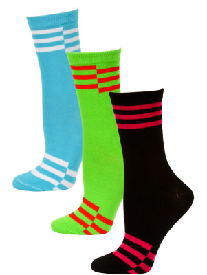 Yelete Neon Retro Stripe Crew Socks - 3 Pairs - Black, Lime Green, Aqua Blue