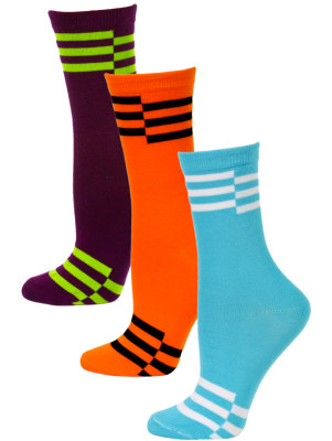 Yelete Neon Retro Stripe Crew Socks - 3 Pairs - Aqua Blue, Orange, Purple