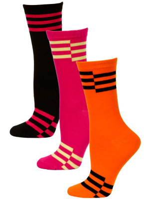 Yelete Neon Retro Stripe Crew Socks - 3 Pairs - Orange, Hot Pink, Black