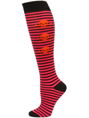 Yelete Stripes and Skulls Knee Socks - 1 Pair - Hot Pink/Black Mini Skulls