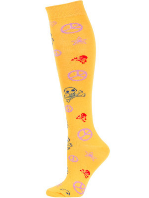 Yelete Peace Sign & Skulls Knee Socks - 1 Pair - Orange Multi