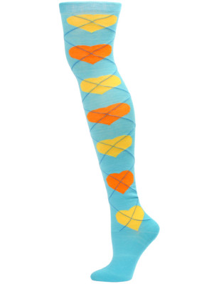 Yelete Argyle Hearts Over the Knee Socks - 1 Pair - Blue/Yellow/Orange