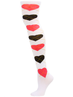 Yelete Argyle Hearts Over the Knee Socks - 1 Pair - White/Pink/Black