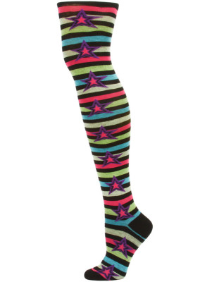 Yelete Stripes and Stars Over the Knee Socks - 1 Pair - Black/Blue/Grey Multi