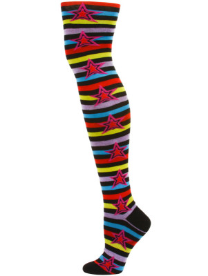 Yelete Stripes and Stars Over the Knee Socks - 1 Pair - Black/Purple/Red Multi