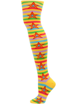 Yelete Stripes and Stars Over the Knee Socks - 1 Pair - Yellow/Pink Multi