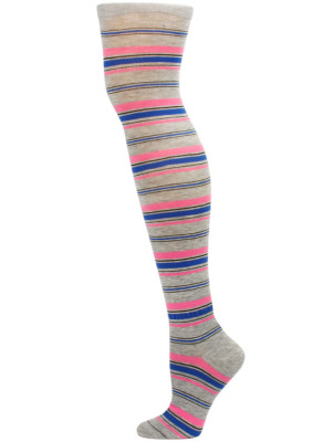Yelete Dark Stripe Over the Knee Socks - 1 Pair - Grey/Pink Stripe