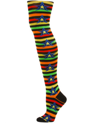 Yelete Stripes and Stars Over the Knee Socks - 1 Pair - Black/Red/Green Multi