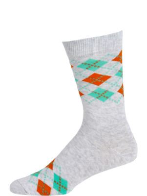 Fine Fit Men's Colorful Mini Argyle Dress Socks - 1 Pair - Light Grey and Orange/Green Argyle