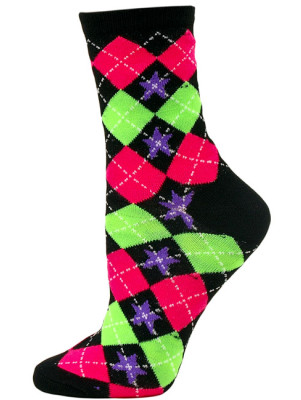 Neon Daze Women's Patterned Crew Socks - 1 Pair - Black Argyle